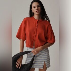 NWT Anthropologie Pilcro Goldie Cotton Crew-Neck Button Cardigan Sweater Red XL
